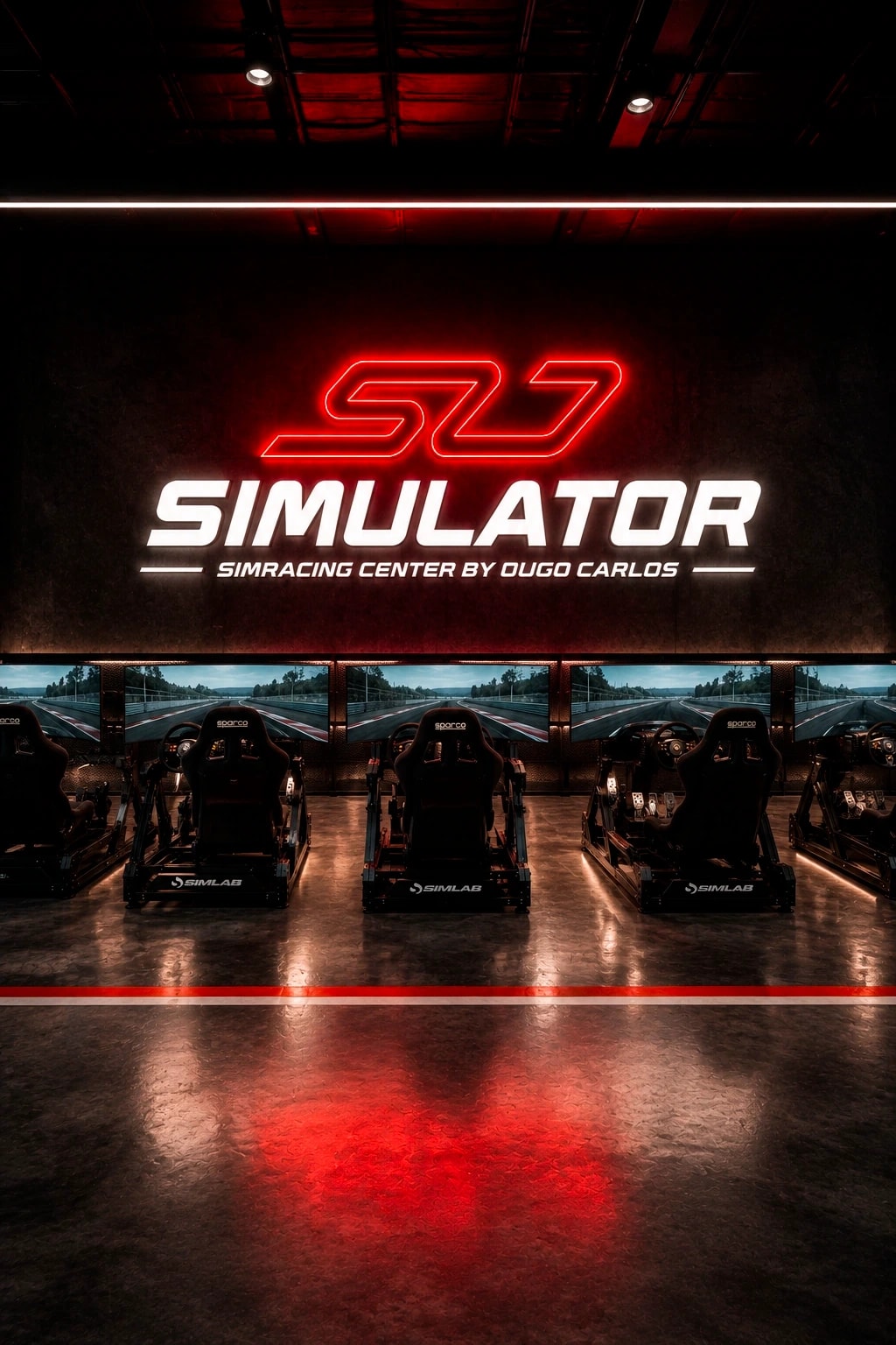 Enseigne lumineuse Simulator by Ougo, en rouge néon au-dessus des simulateurs du centre