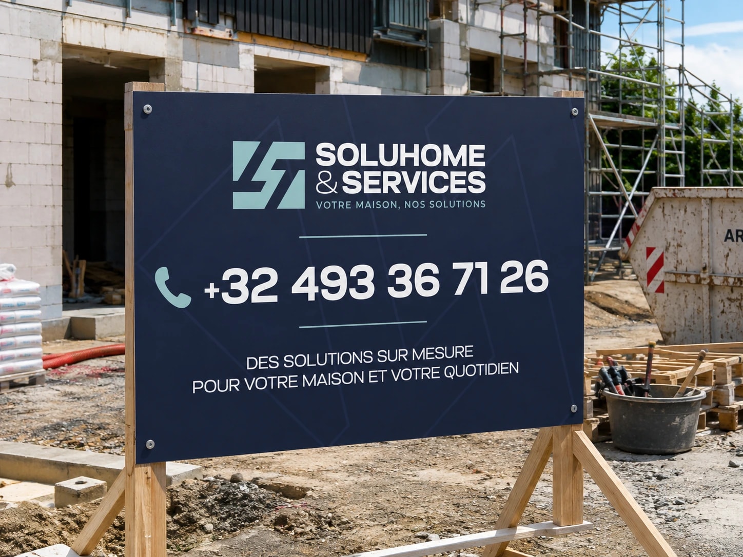 Panneau de chantier A2 Soluhome & Services, bleu nuit et bleu clair